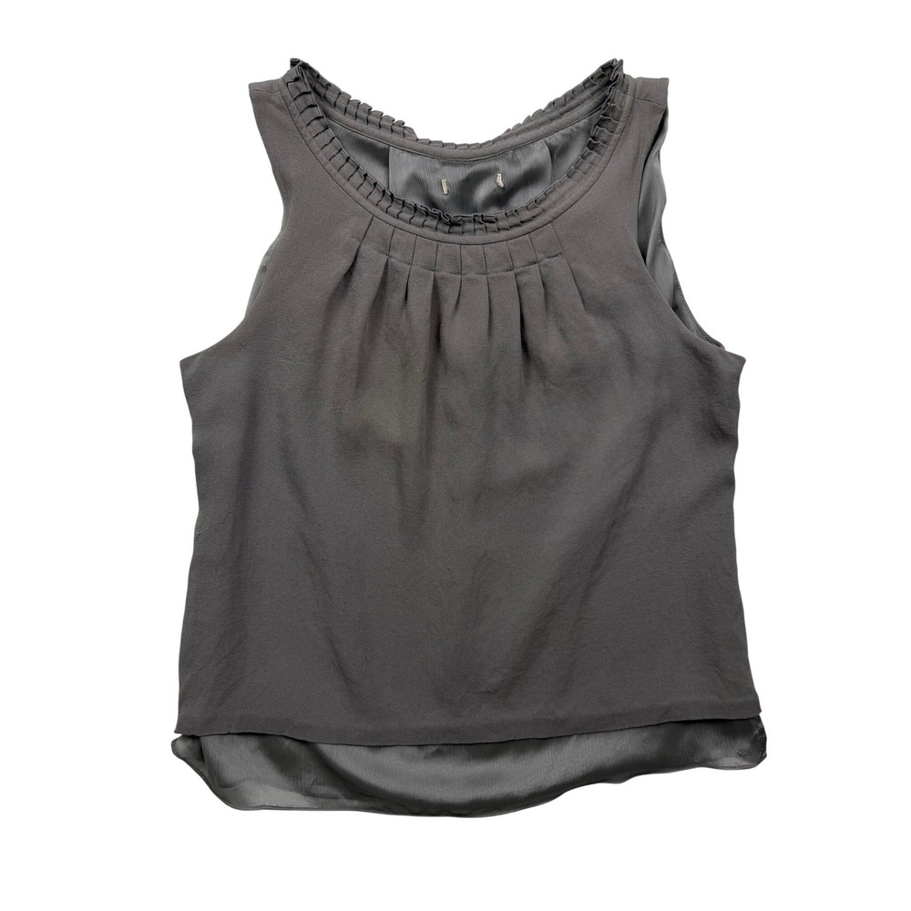 Y2K Gray Sleeveless Blouse Pleated Neck Satin Trim Layered Hem S M